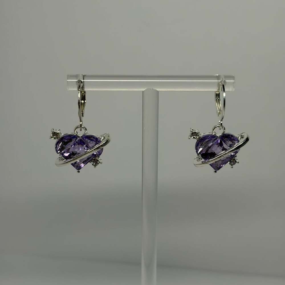 Stainless Steel Silver-Tone Purple Heart Faux Crystal Saturn Orbit Dangle Leverb